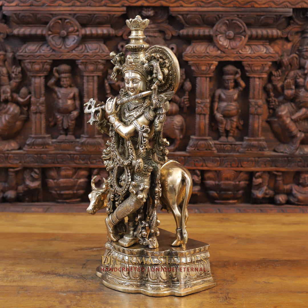 Brass Krishna Idol, Standing besides Cow, Fine Golden Finish 22.5"  side view