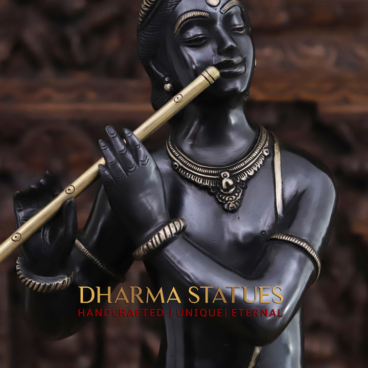 Brass Lord Krishna Idol, Playing Flute with Peacock, Black Patina & Golden 29"