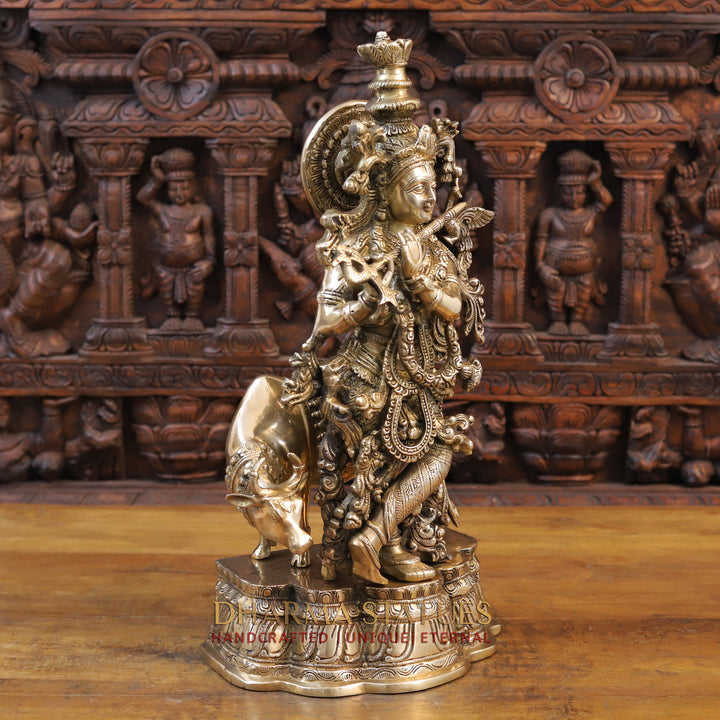 Brass Krishna Idol, Standing besides Cow, Fine Golden Finish 22.5" side view