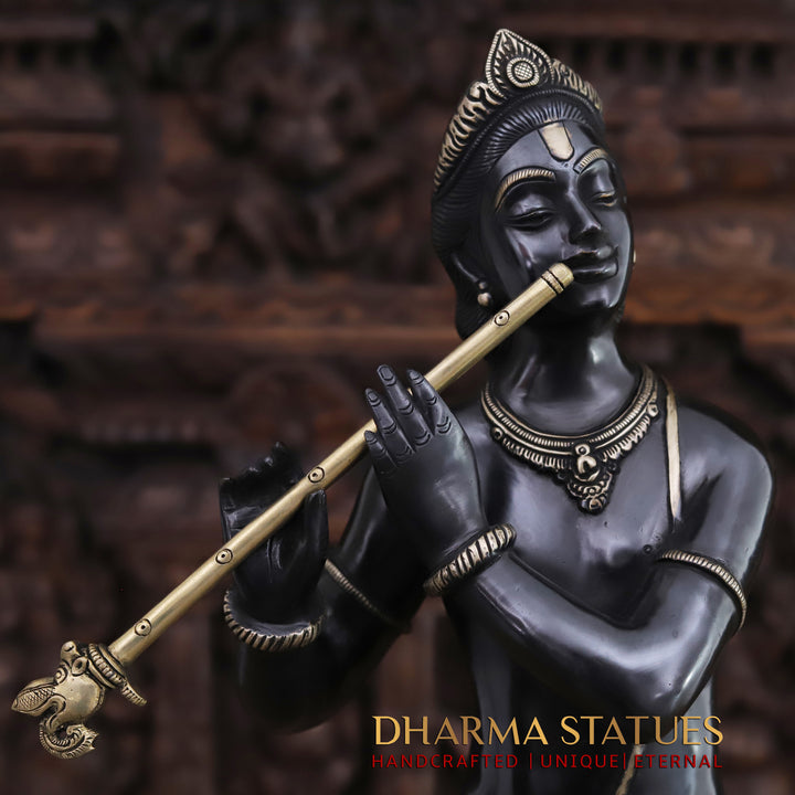 Brass Lord Krishna Idol, Playing Flute with Peacock, Black Patina & Golden 29"