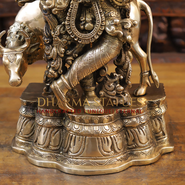 Brass Krishna Idol, Standing besides Cow, Fine Golden Finish, 22.5"