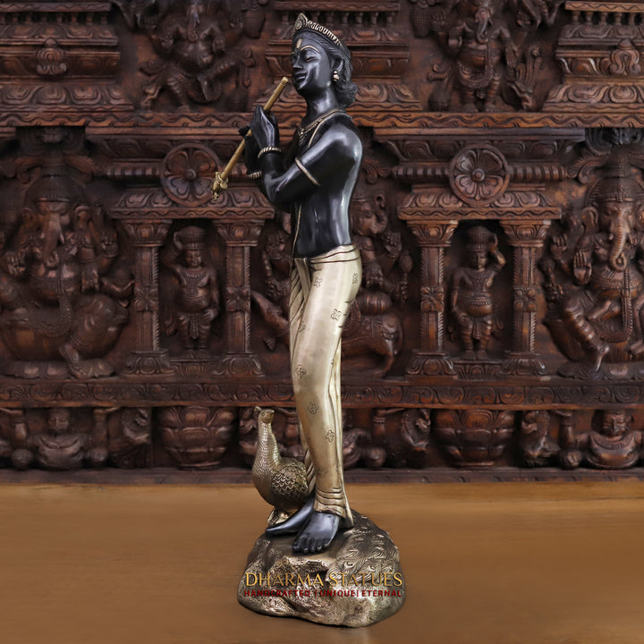 Brass Lord Krishna Idol, Playing Flute with Peacock, Black Patina & Golden 29"