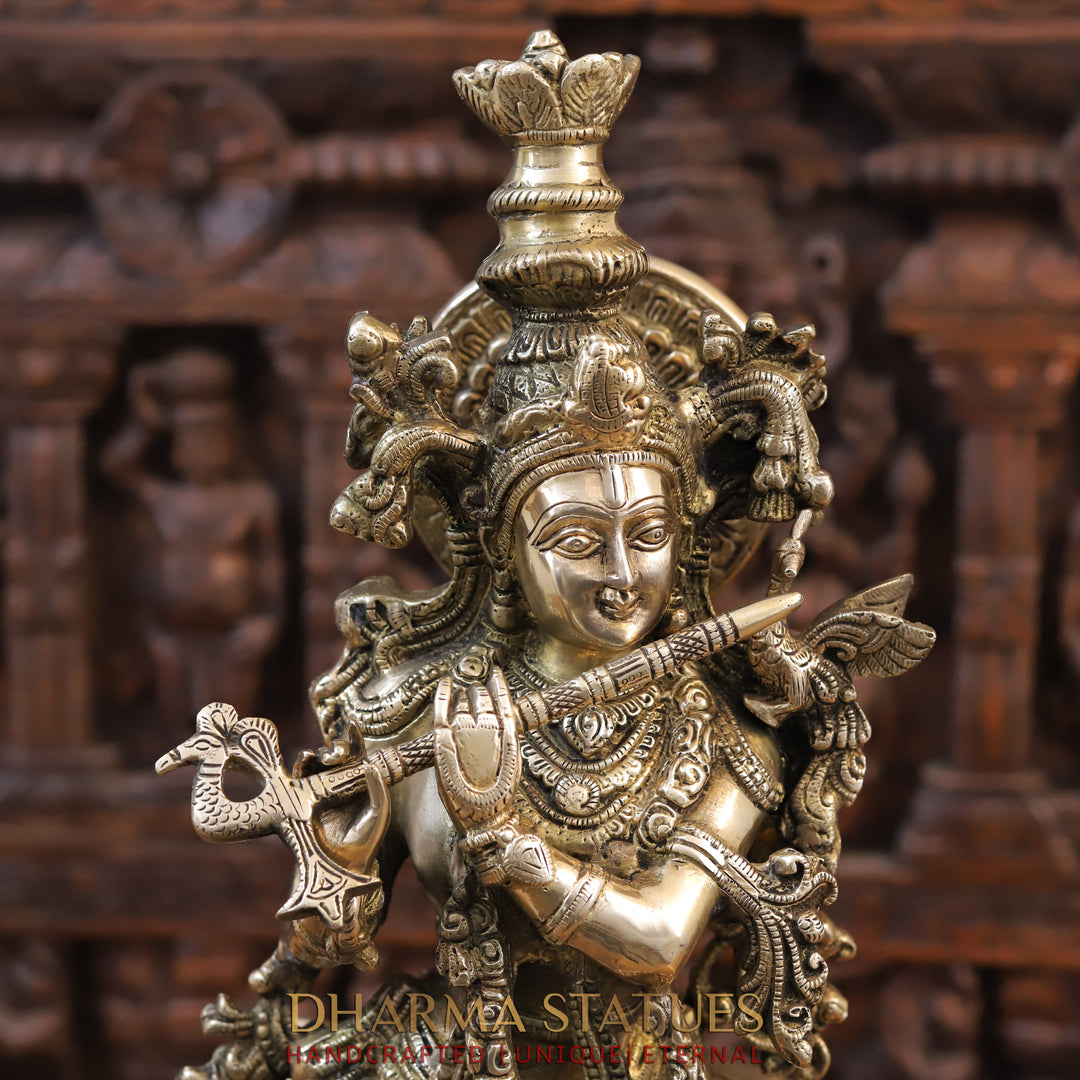 Brass Krishna Idol, Standing besides Cow, Fine Golden Finish, 22.5"