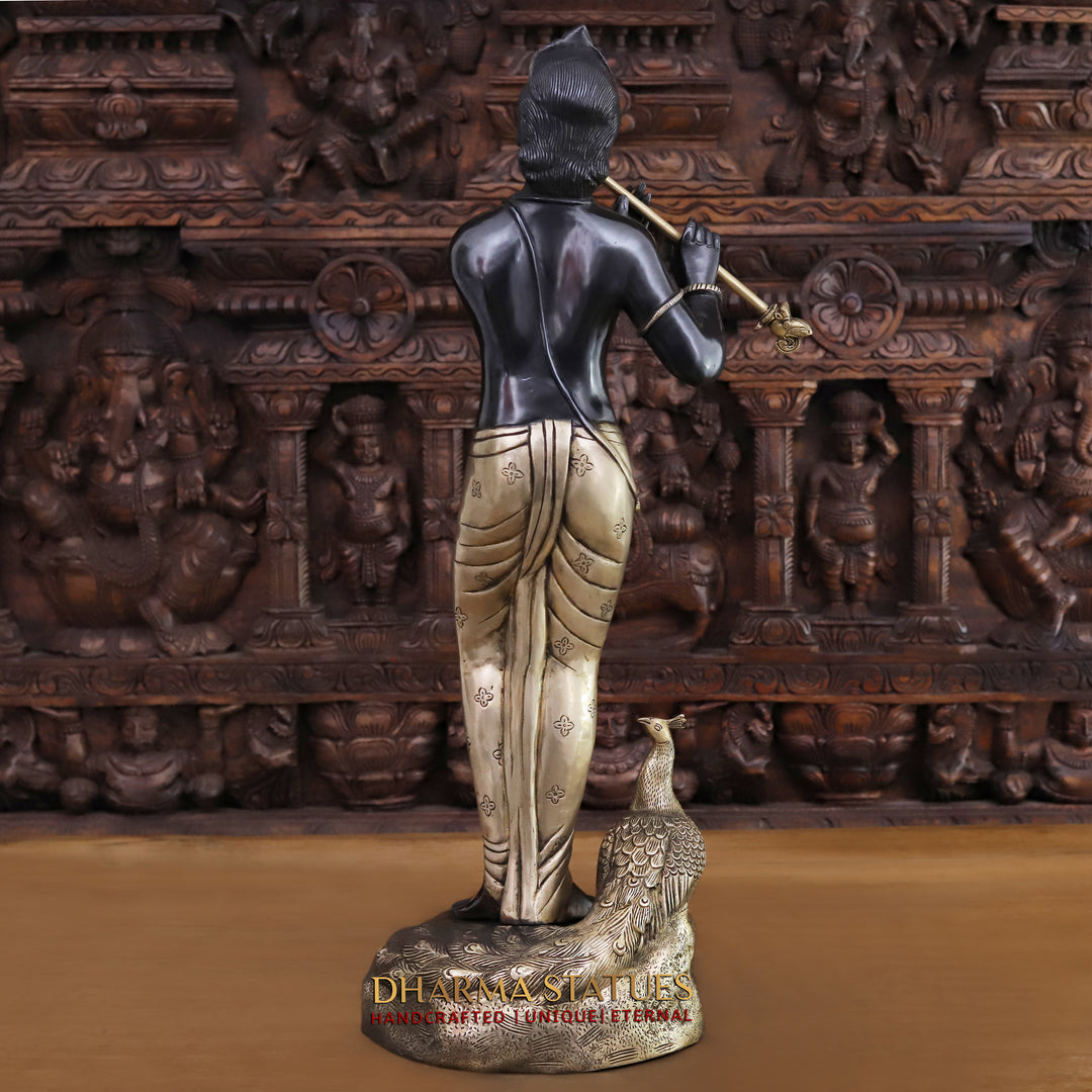 Brass Lord Krishna Idol, Playing Flute with Peacock, Black Patina & Golden 29"