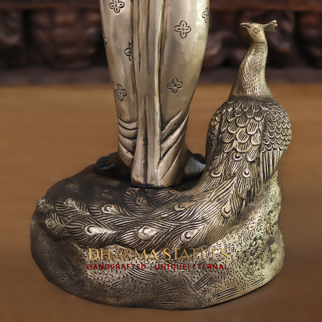 Brass Lord Krishna Idol, Playing Flute with Peacock, Black Patina & Golden 29"