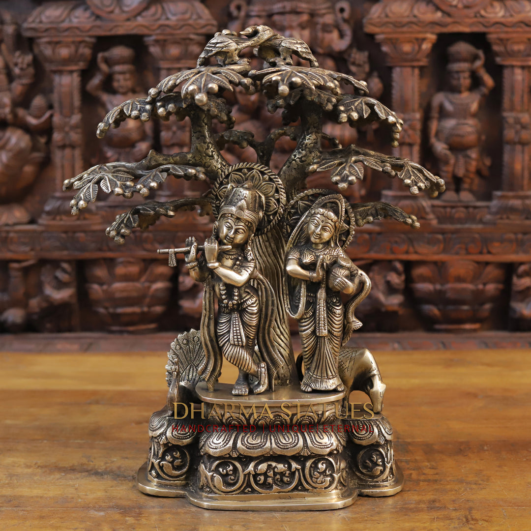 Brass Radha Krishna Statue, Standing Under a Tree, Golden Finish 17.5"