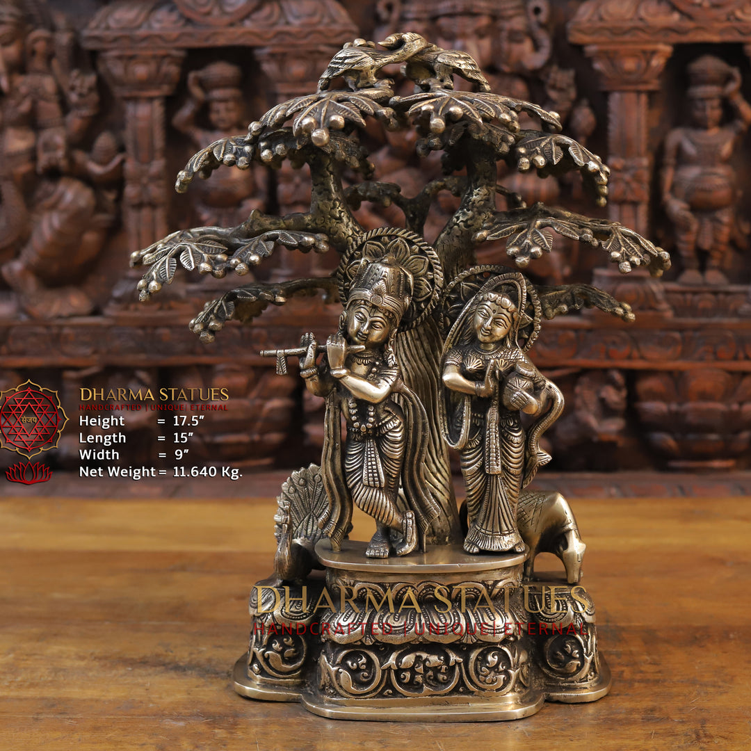 Brass Radha Krishna Statue, Standing Under a Tree, Golden Finish 17.5" front view