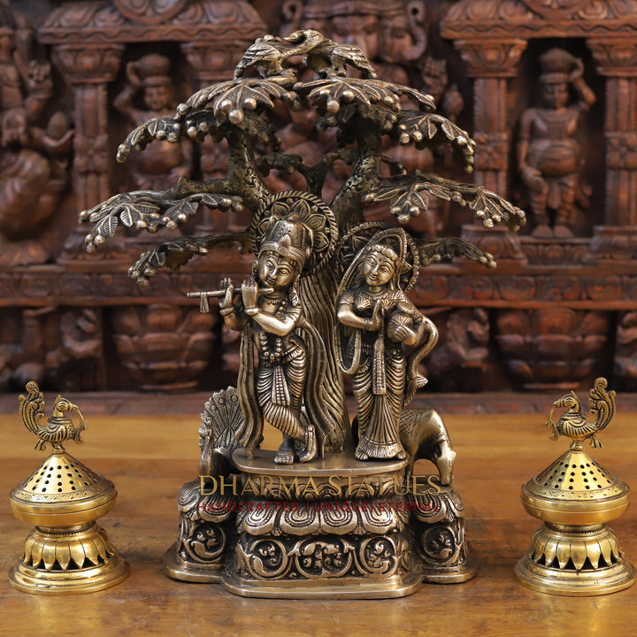 Brass Radha Krishna Statue, Standing Under a Tree, Golden Finish 17.5"