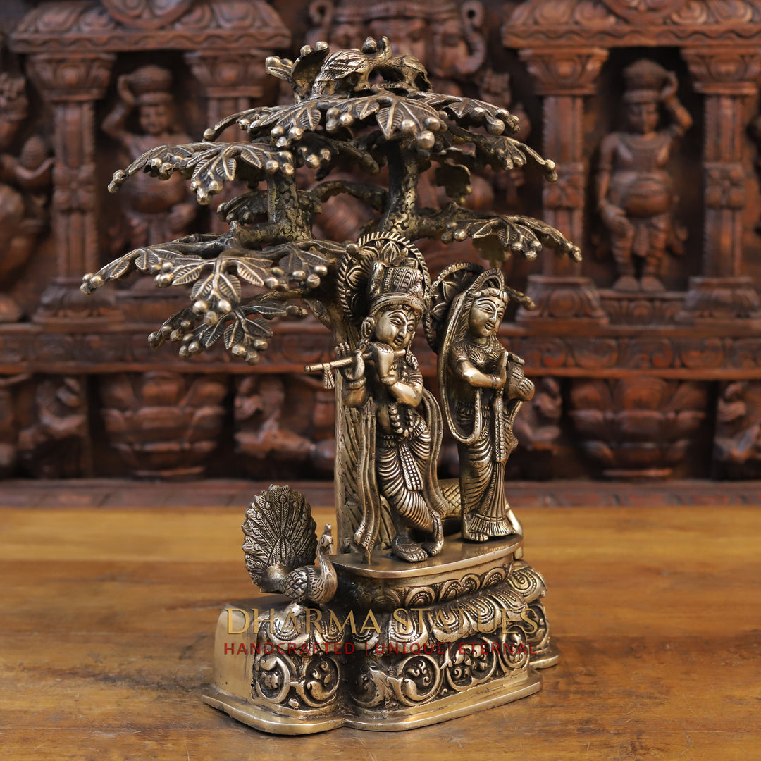 Brass Radha Krishna Statue, Standing Under a Tree, Golden Finish 17.5" side view