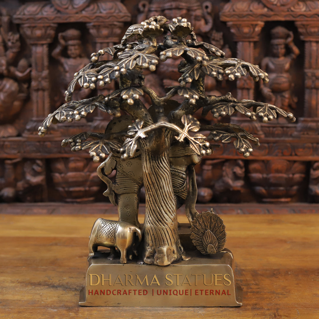 Brass Radha Krishna Statue, Standing Under a Tree, Golden Finish 17.5" back view