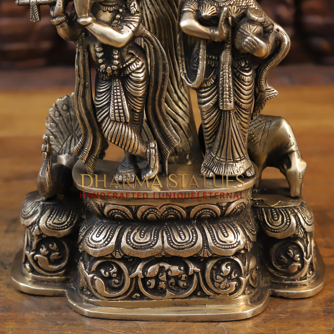 Brass Radha Krishna Statue, Standing Under a Tree, Golden Finish 17.5"