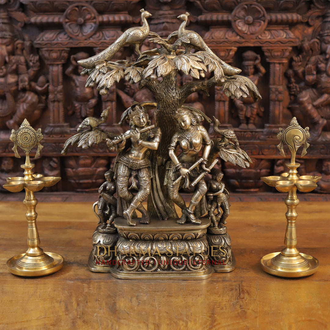 Brass Radha Krishna Idol, Under the Tree, Fine Golden Finish 21"