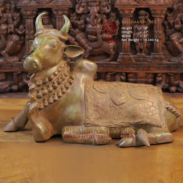 Brass Nandi Idol, Nandi seated, Green patina Finish 18" front view