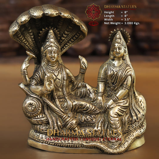 Brass Lakshmi Narayan Statue, Seated on Sheshnag, Fine Golden Finish 8"