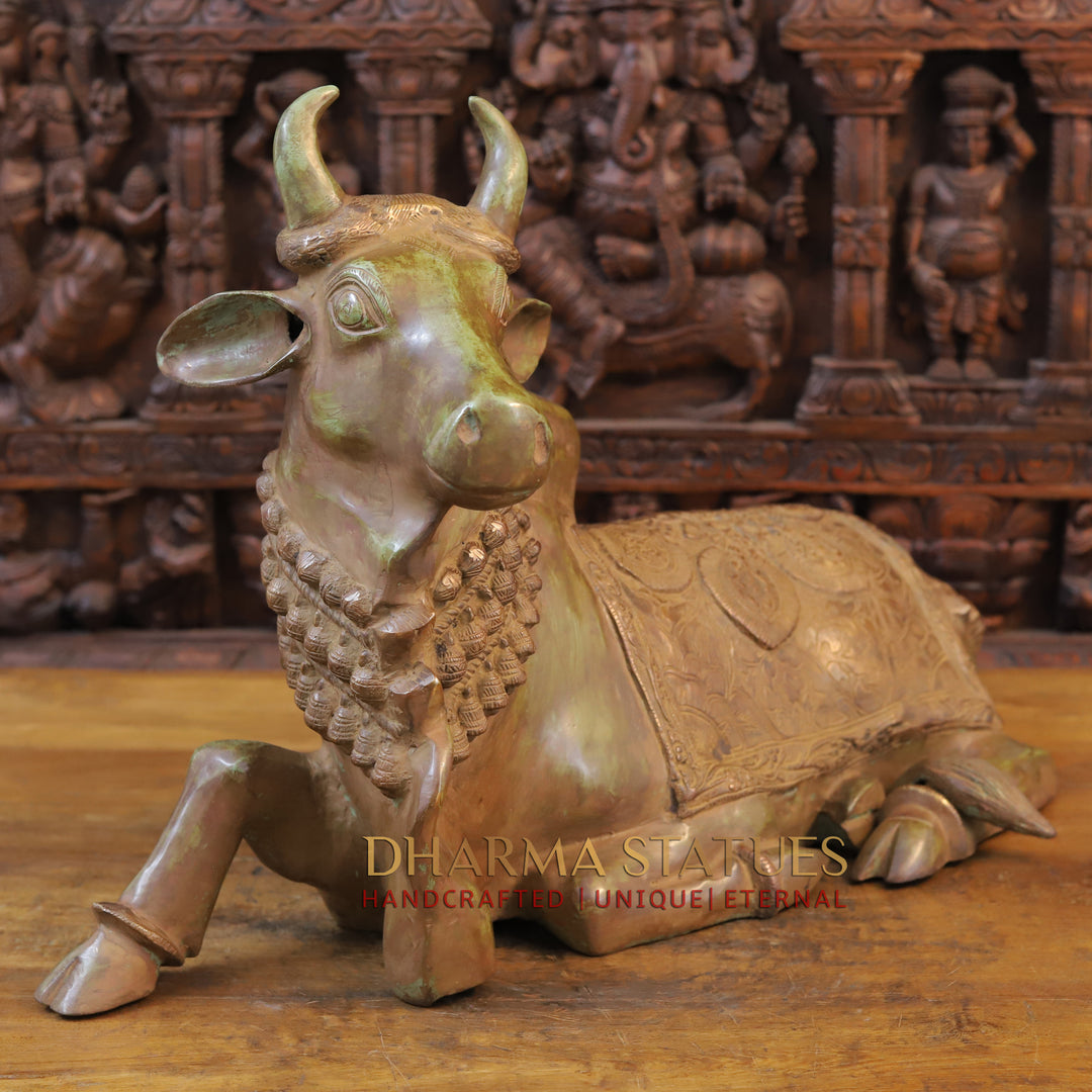 Brass Nandi Idol, Nandi seated, Green patina Finish 18" side view