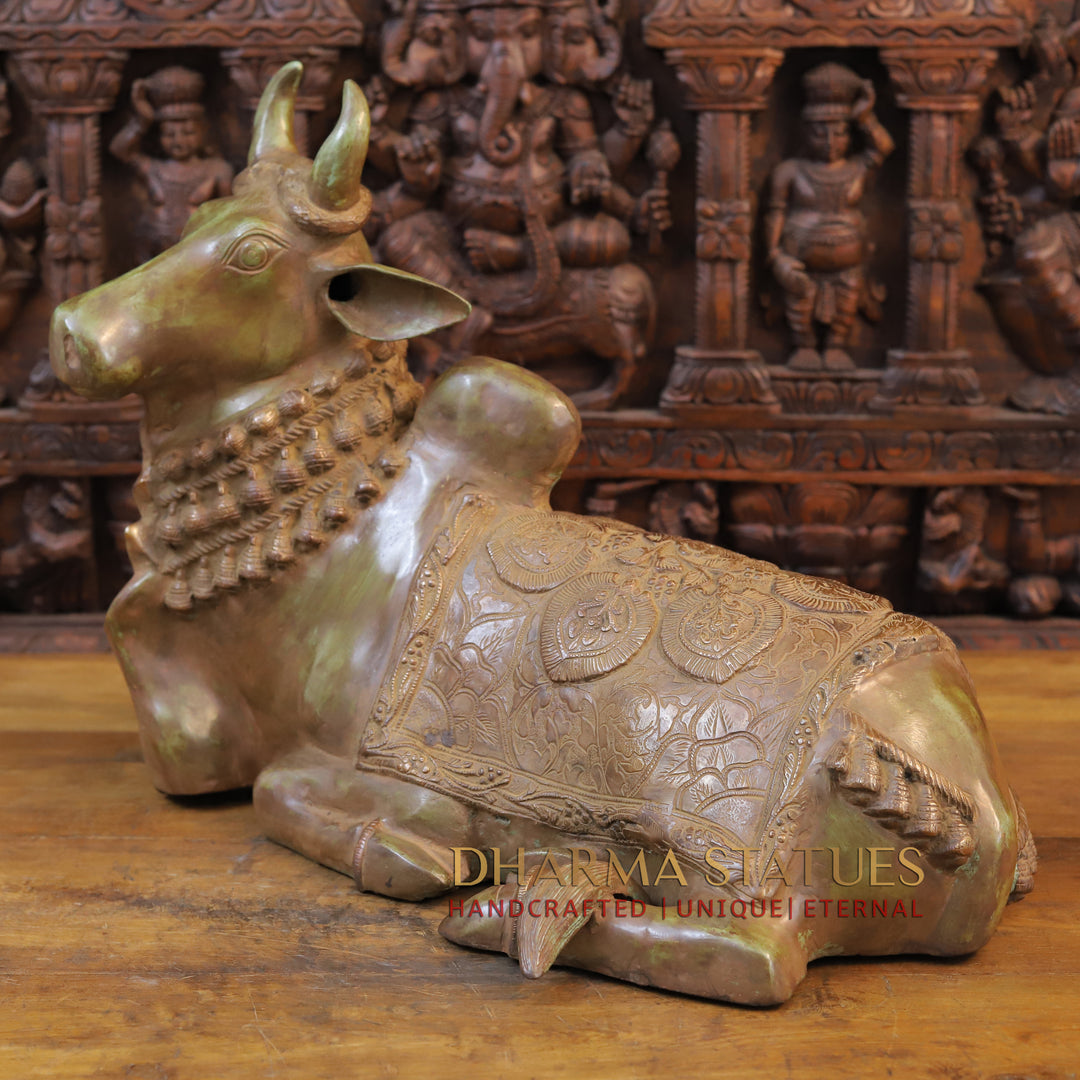 Brass Nandi Idol, Nandi seated, Green patina Finish 18" side view