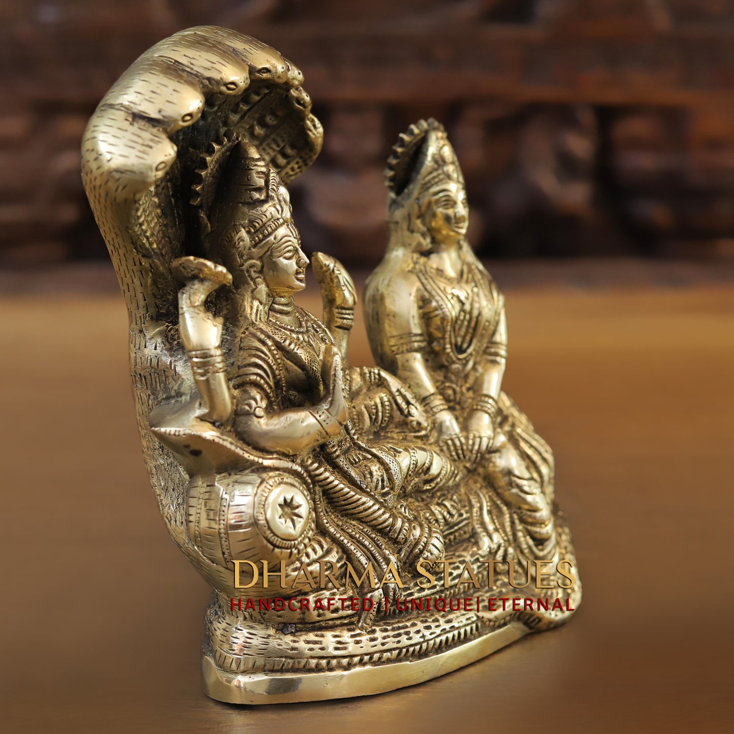 Brass Lakshmi Narayan Statue, Seated on Sheshnag, Fine Golden Finish 8"