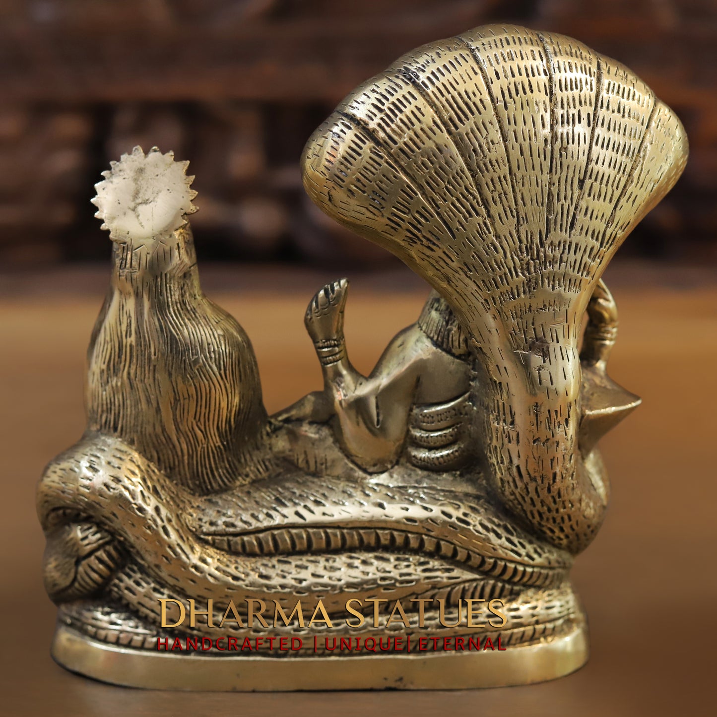 Brass Lakshmi Narayan Statue, Seated on Sheshnag, Fine Golden Finish 8"