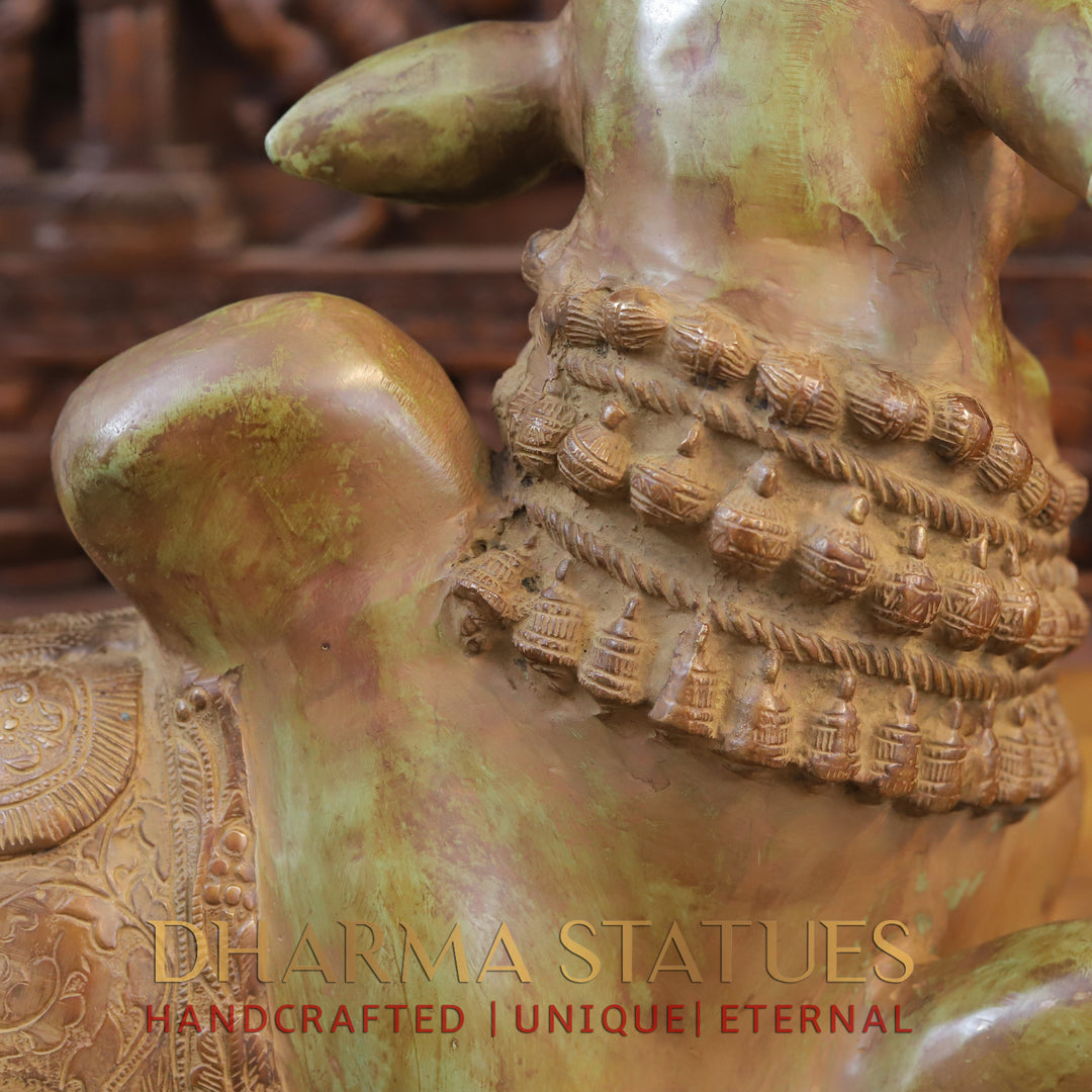 Brass Nandi Statue Seated, Beautifully Carved, Green Patina Finish 18"