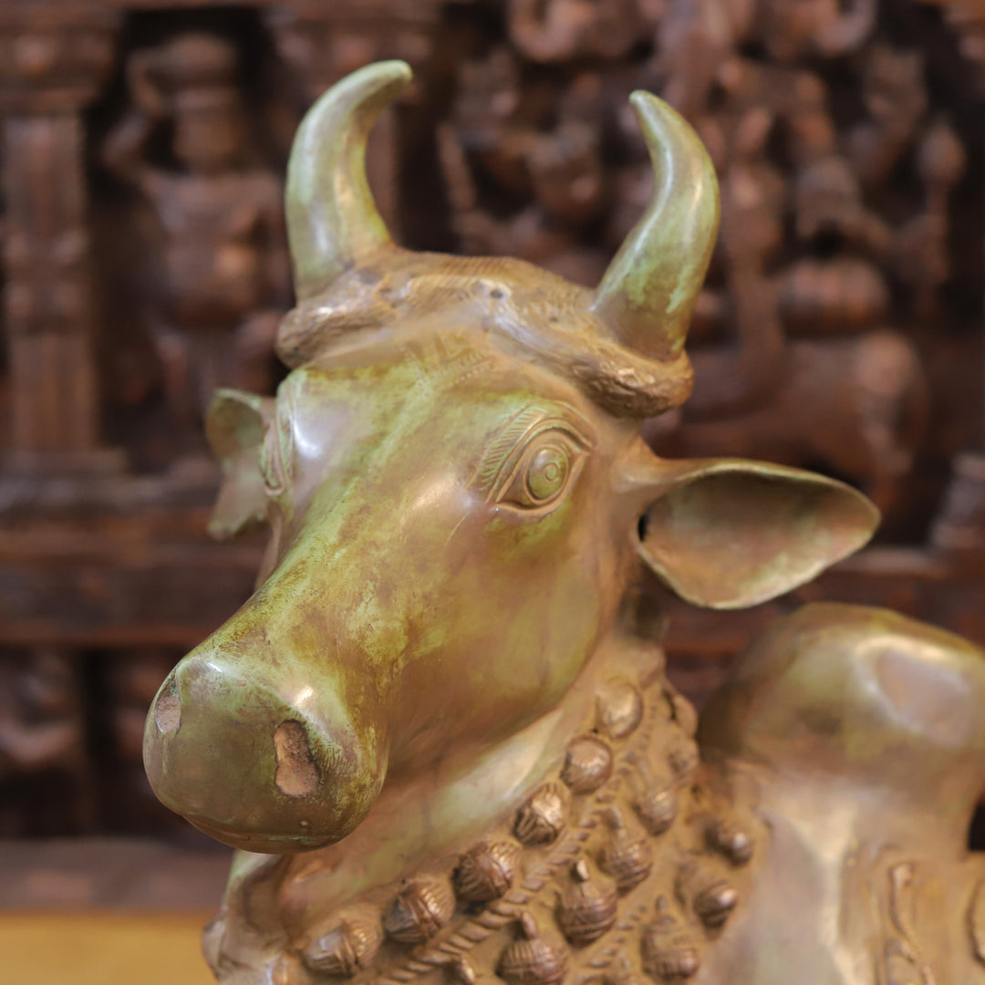 Brass Nandi Statue Seated, Beautifully Carved, Green Patina Finish 18"