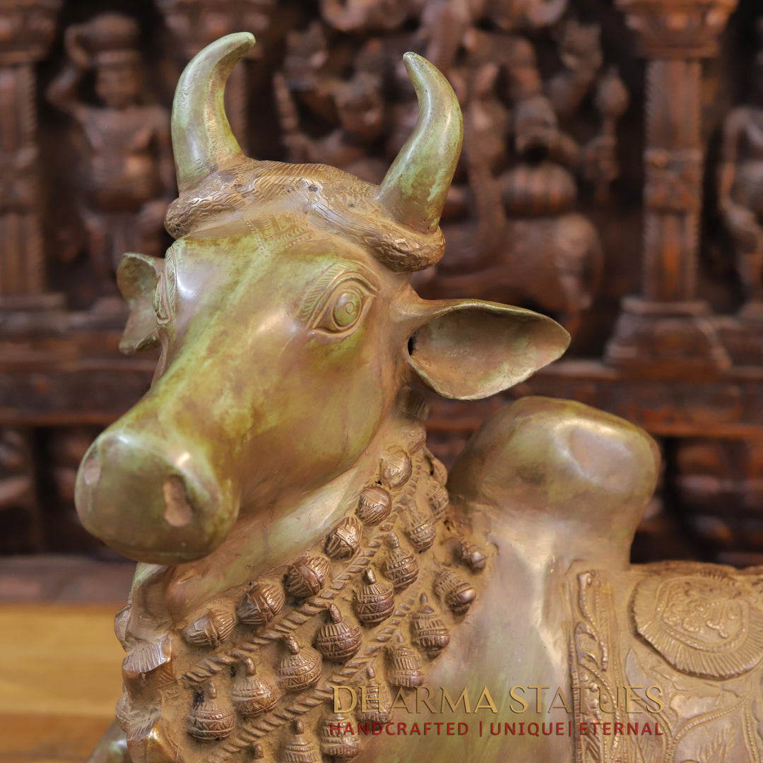 Brass Nandi Statue Seated, Beautifully Carved, Green Patina Finish 18"