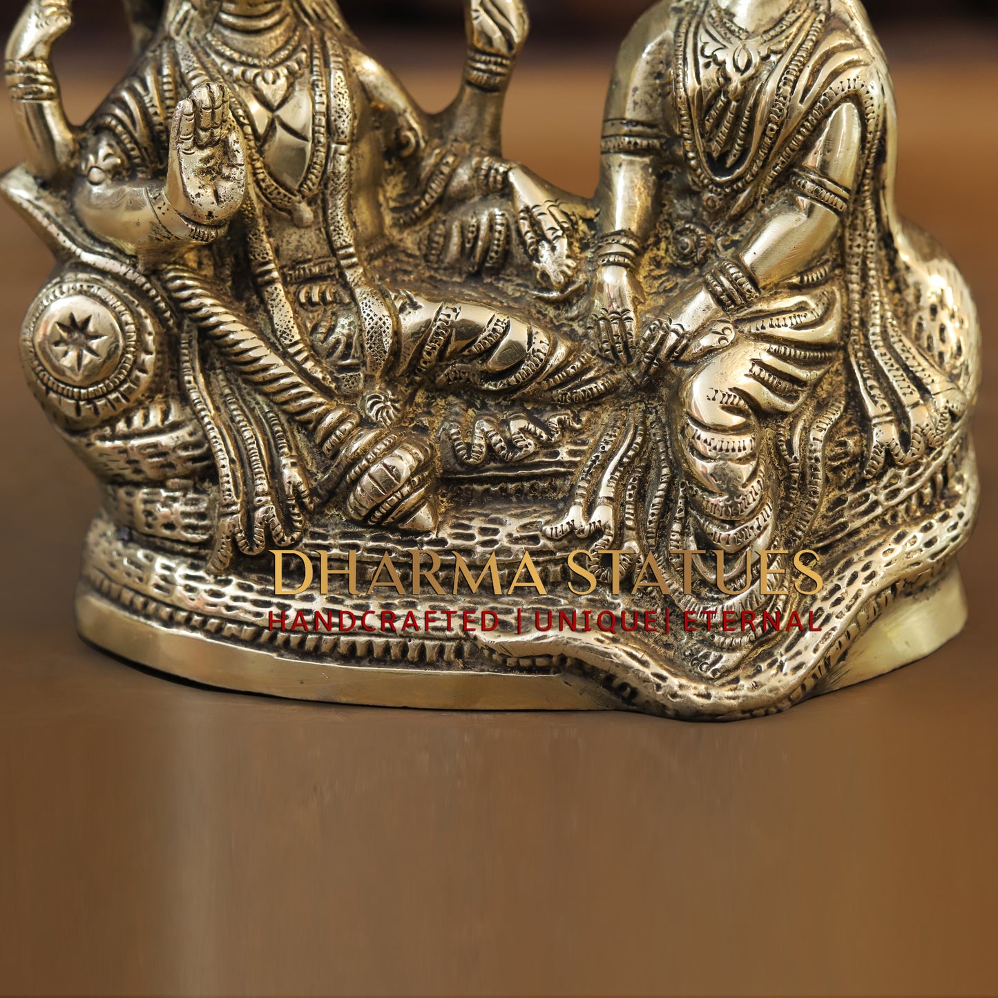 Brass Lakshmi Narayan Statue, Seated on Sheshnag, Fine Golden Finish 8"