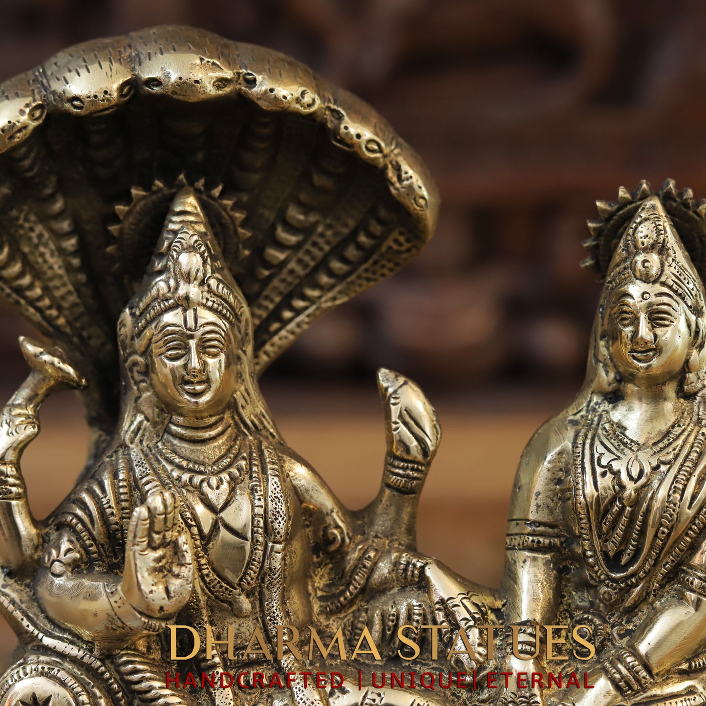 Brass Lakshmi Narayan Statue, Seated on Sheshnag, Fine Golden Finish 8"