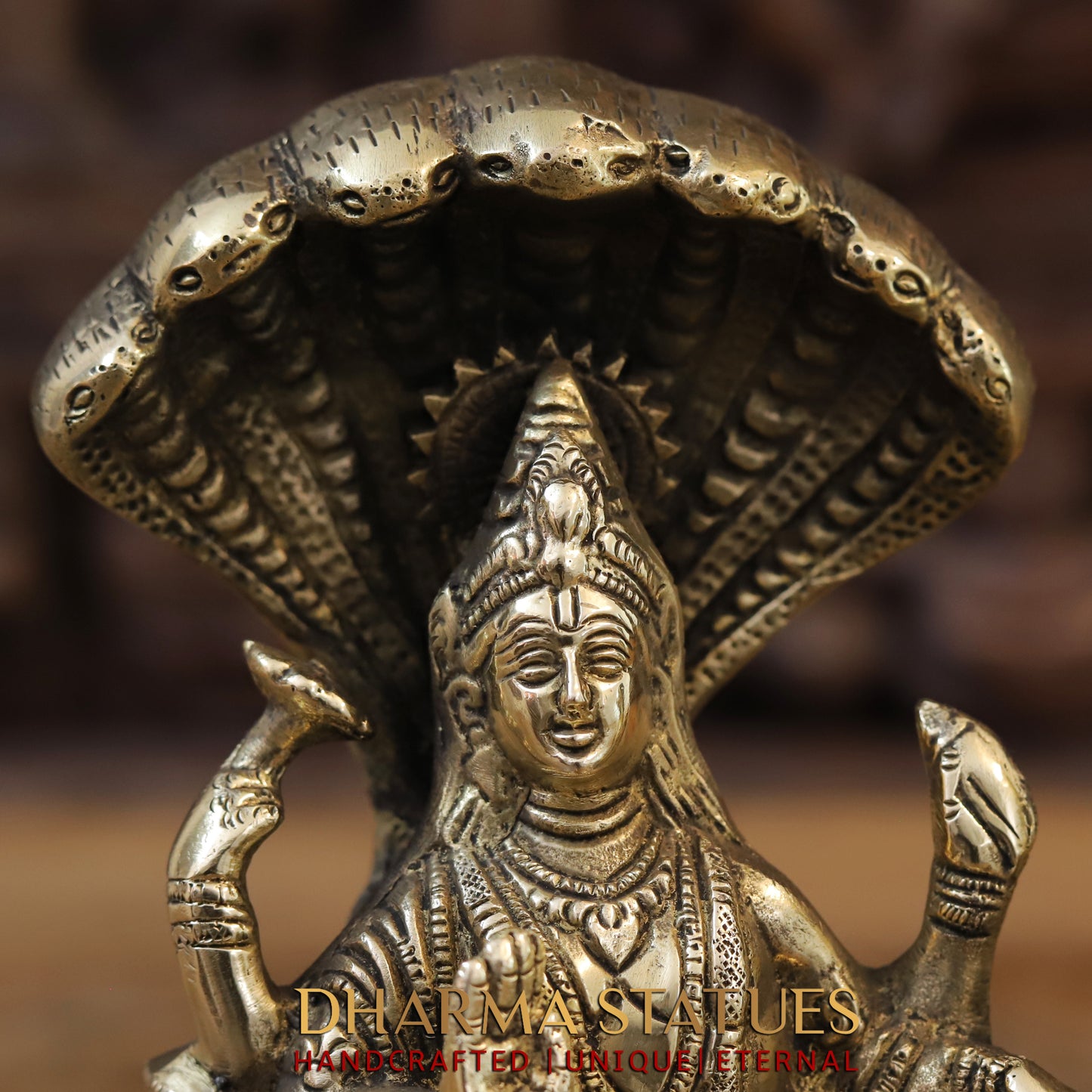 Brass Lakshmi Narayan Statue, Seated on Sheshnag, Fine Golden Finish 8"