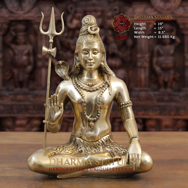 Brass Lord Shiva Statue, Seated in Dhyan Mudra, Fine Golden Finish 19" front view