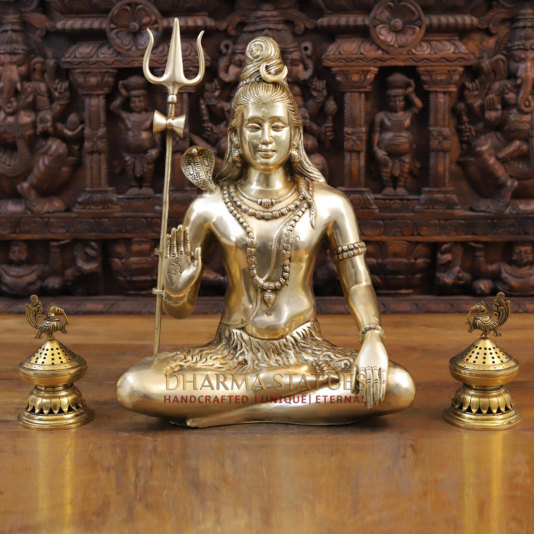 Brass Lord Shiva Statue, Seated in Dhyan Mudra, Fine Golden Finish 19"