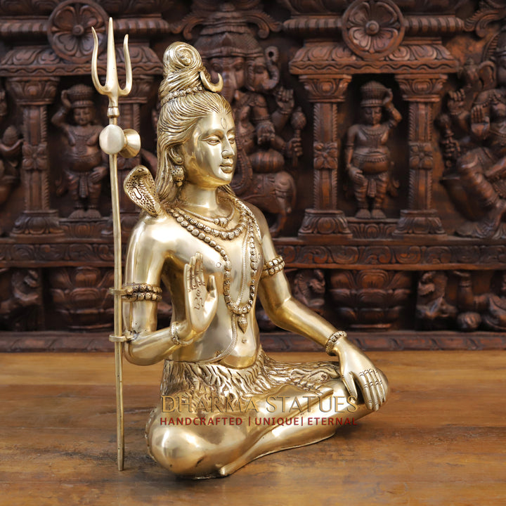 Brass Lord Shiva Statue, Seated in Dhyan Mudra, Fine Golden Finish 19" side view