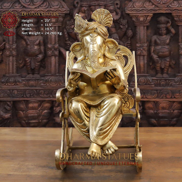 Brass Ganesh Statue, Seated on a Chair and Reading, Fine Golden Finish 23" Front View