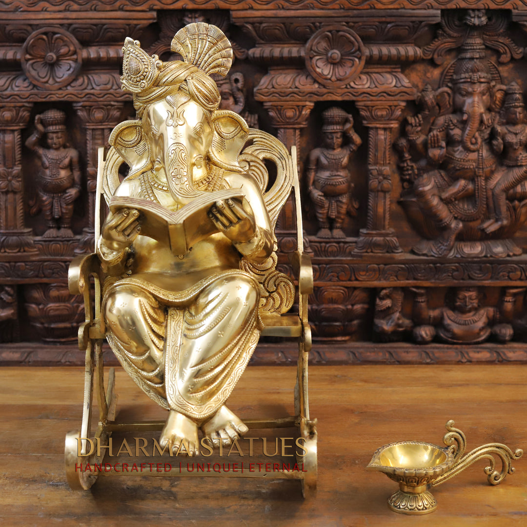 Brass Ganesh Statue Seated on a Rocking Chair, Fine Golden Finish 23"