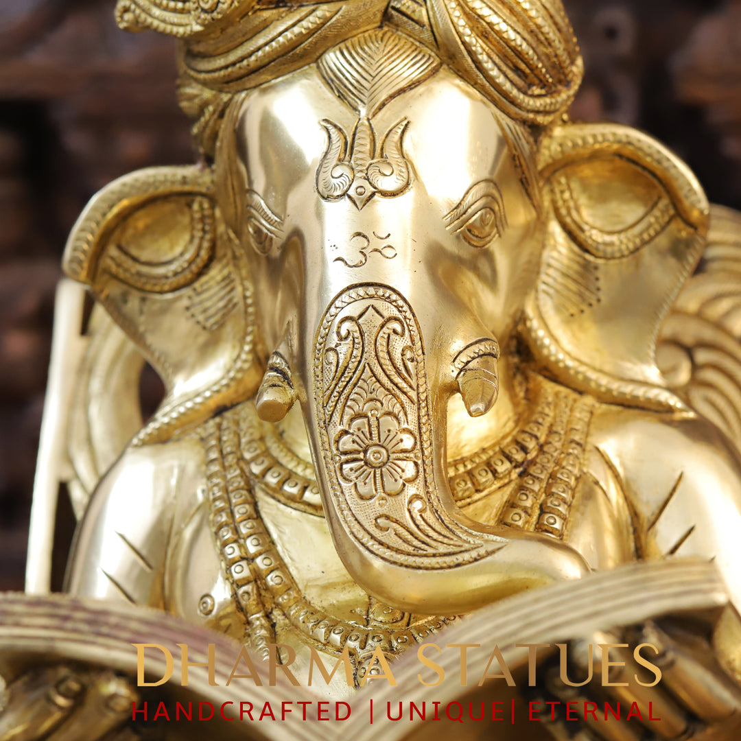 Brass Ganesh Statue Seated on a Rocking Chair, Fine Golden Finish 23"