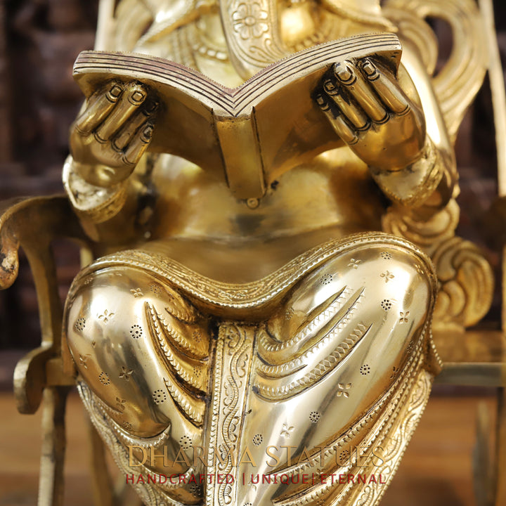 Brass Ganesh Statue Seated on a Rocking Chair, Fine Golden Finish 23"