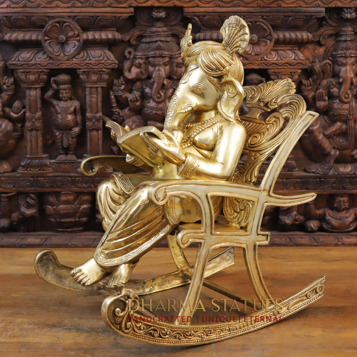 Brass Ganesh Statue, Seated on a Chair and Reading, Fine Golden Finish 23" side view