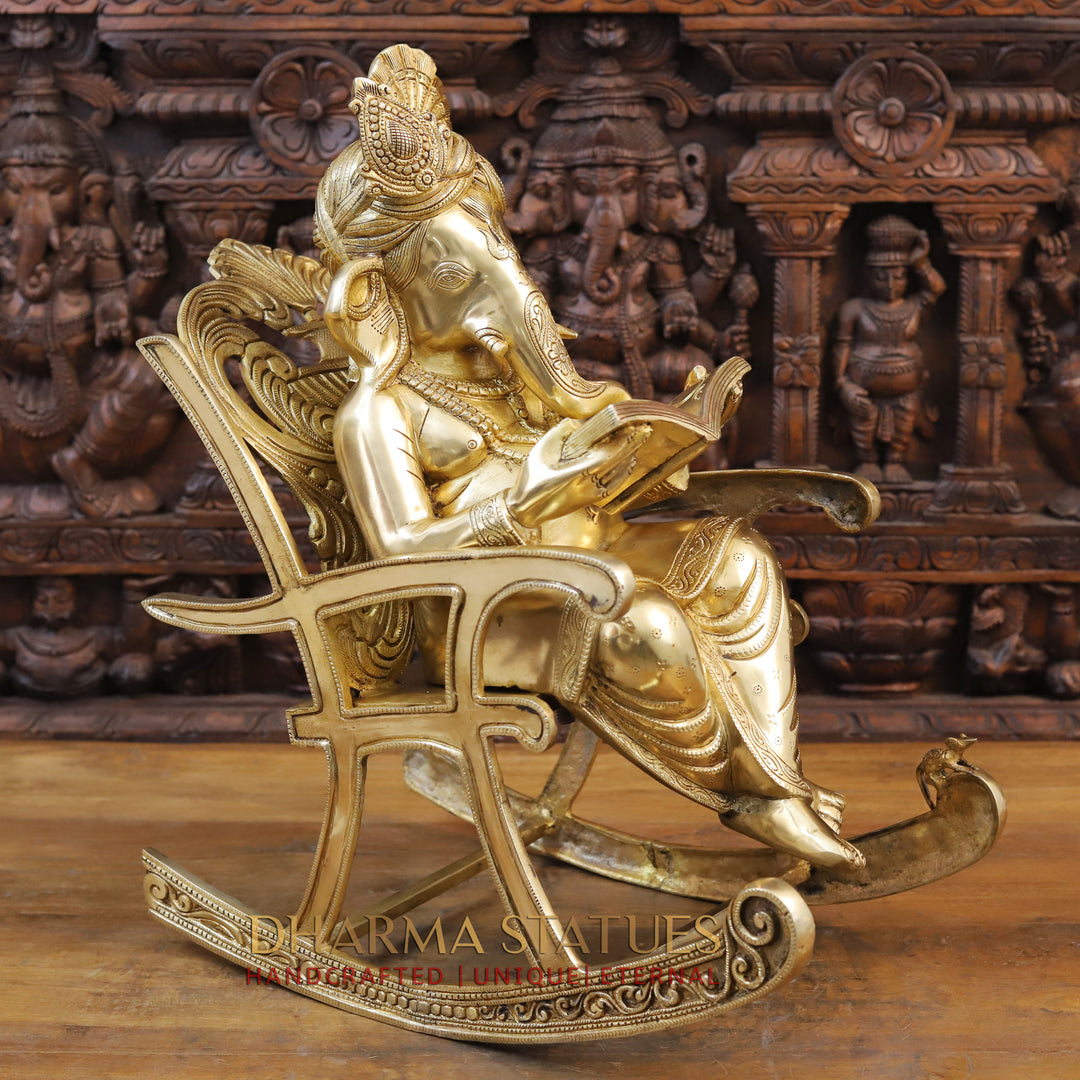 Brass Ganesh Statue, Seated on a Chair and Reading, Fine Golden Finish 23" side view