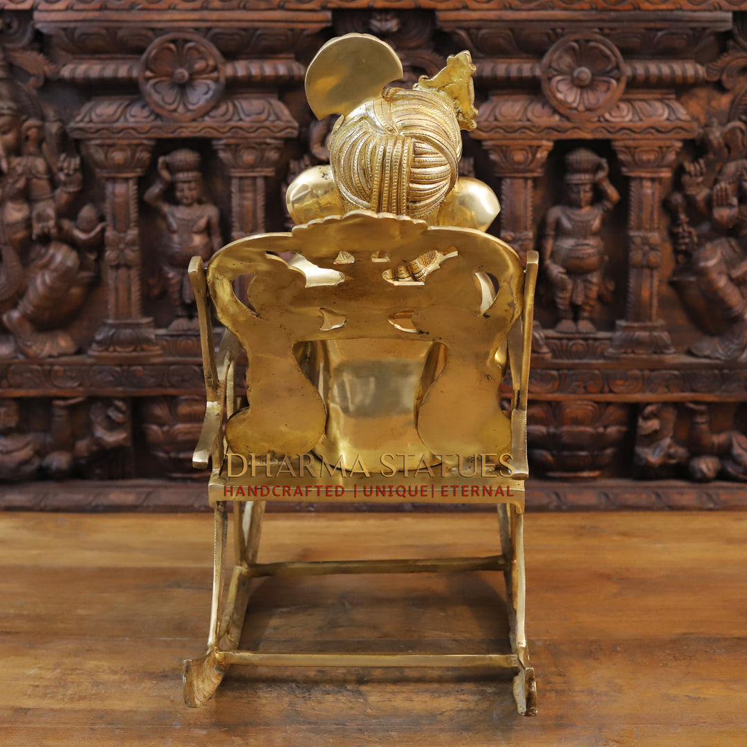 Brass Ganesh Statue, Seated on a Chair and Reading, Fine Golden Finish 23" back view