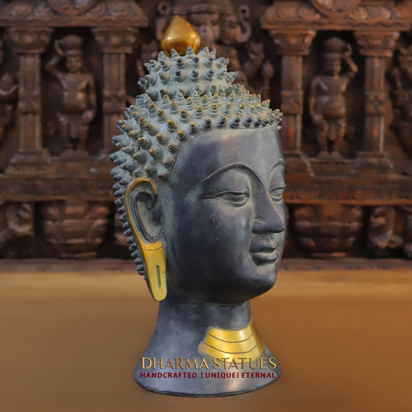 Brass Buddha Head in Meditation Expression, Graphite Patina Finish, 17"