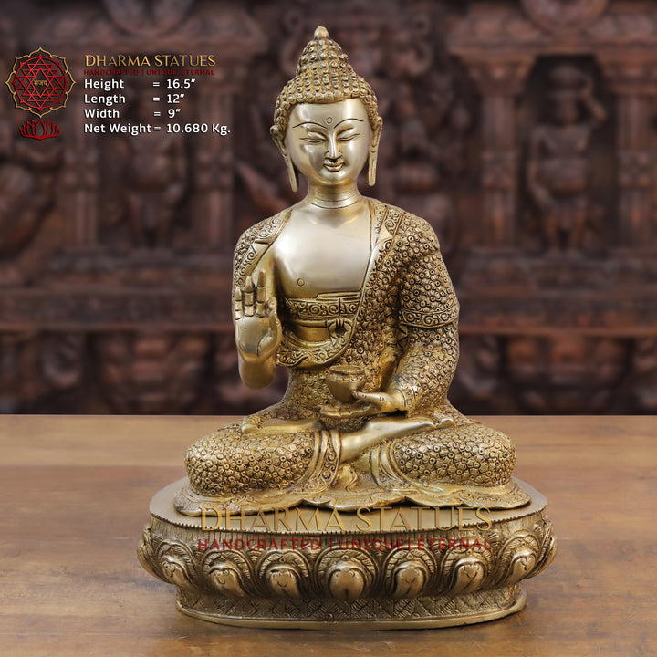 Brass Buddha Statue, Seated on a Lotus, Fine Golden Finish 16.5" Front View