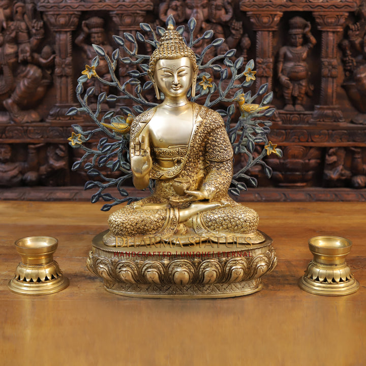 Brass Buddha Statue, Seated on a Lotus, Fine Golden Finish 16.5" side view