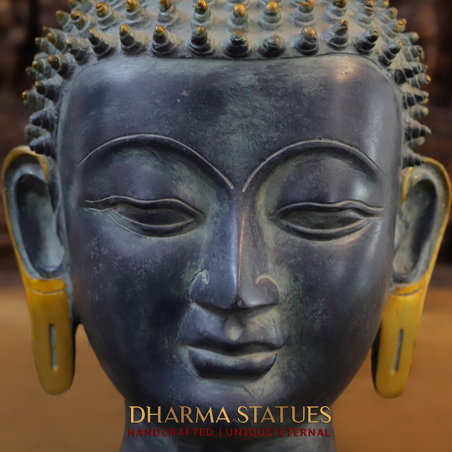 Brass Buddha Head in Meditation Expression, Graphite Patina Finish, 17"