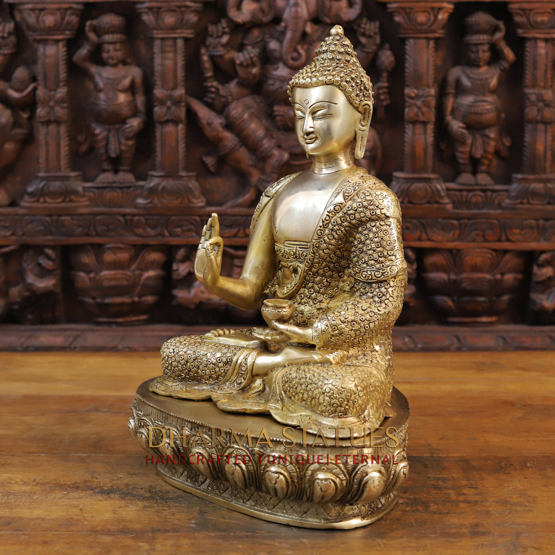 Brass Buddha Statue, Seated on a Lotus, Fine Golden Finish 16.5" side view