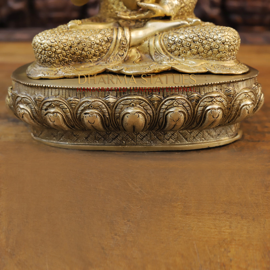 Brass Buddha Statue, Seated on a Lotus, Fine Golden Finish 16.5"