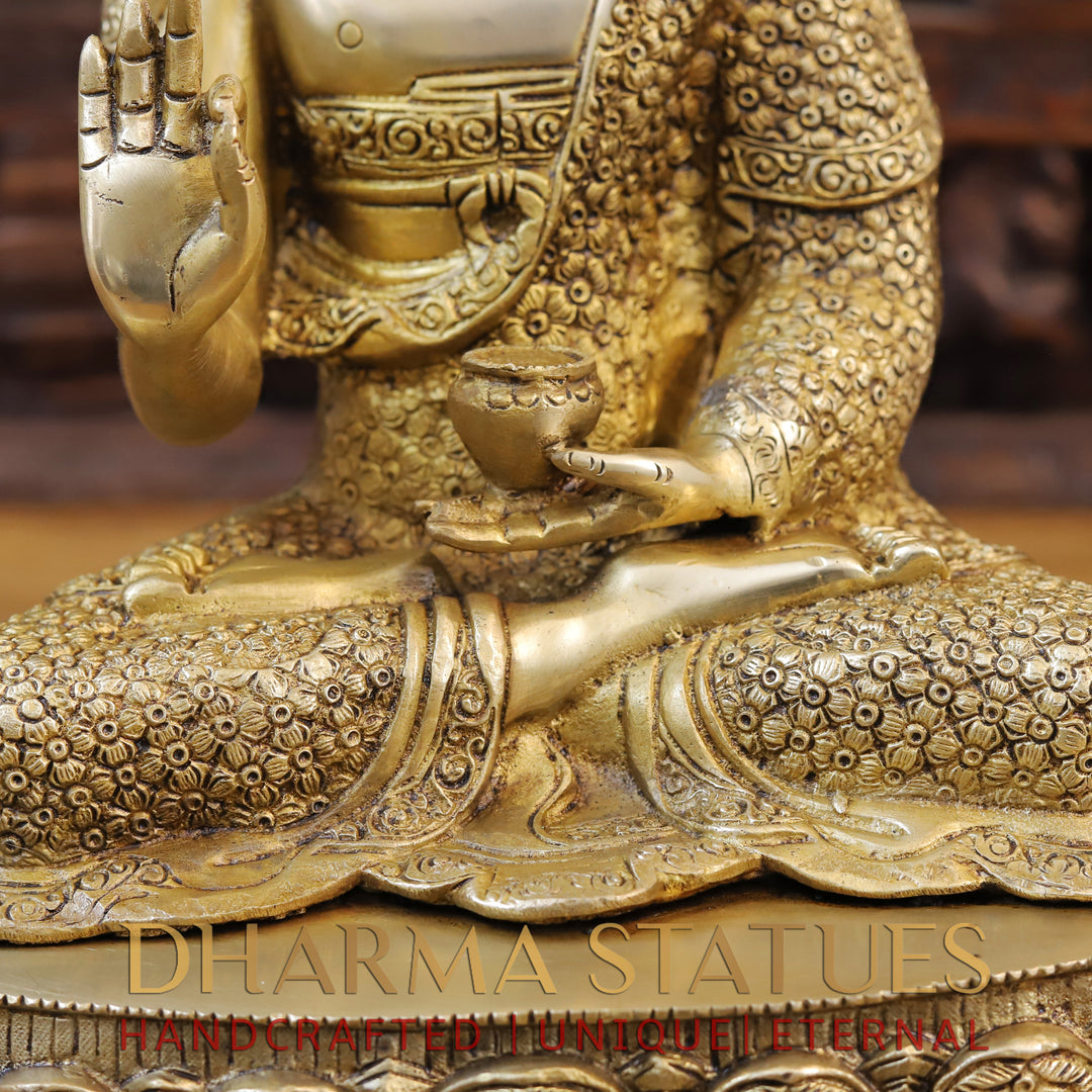 Brass Buddha Statue, Seated on a Lotus, Fine Golden Finish 16.5"