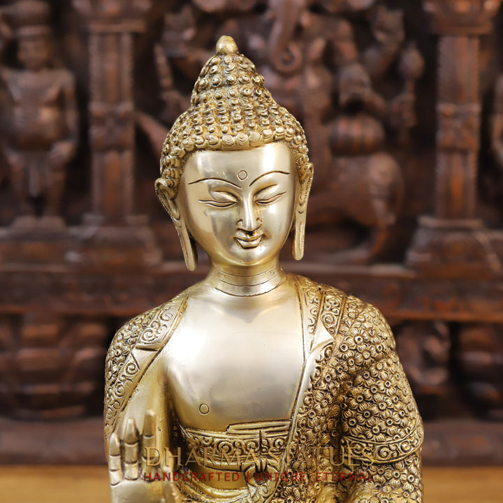 Brass Buddha Statue, Seated on a Lotus, Fine Golden Finish 16.5"