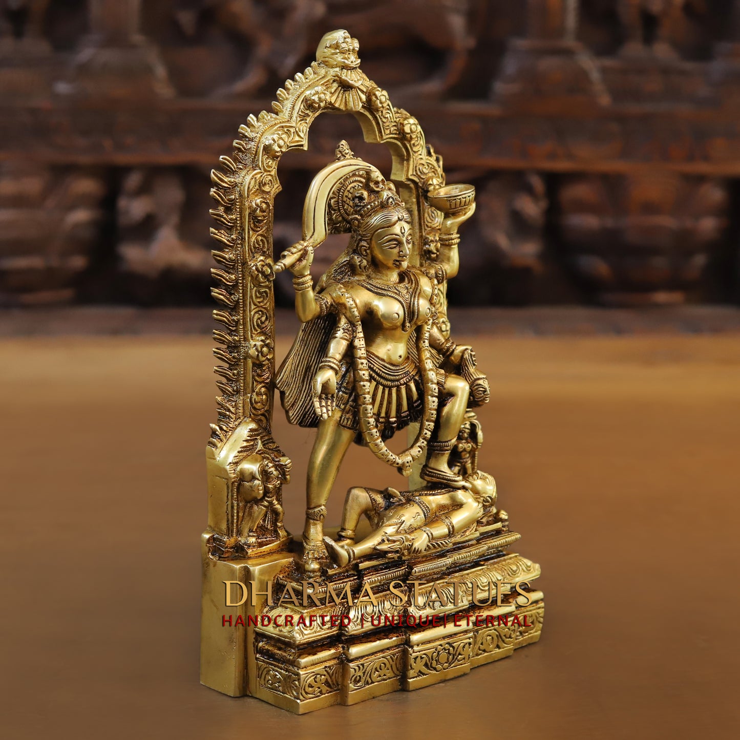 Brass Kali Statue with Kirtimukha, Fine Golden Finish, 10.5"