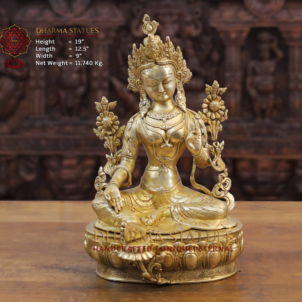 Brass Tara Statue, Seated on a Base, Fine Golden Finish 19" front view