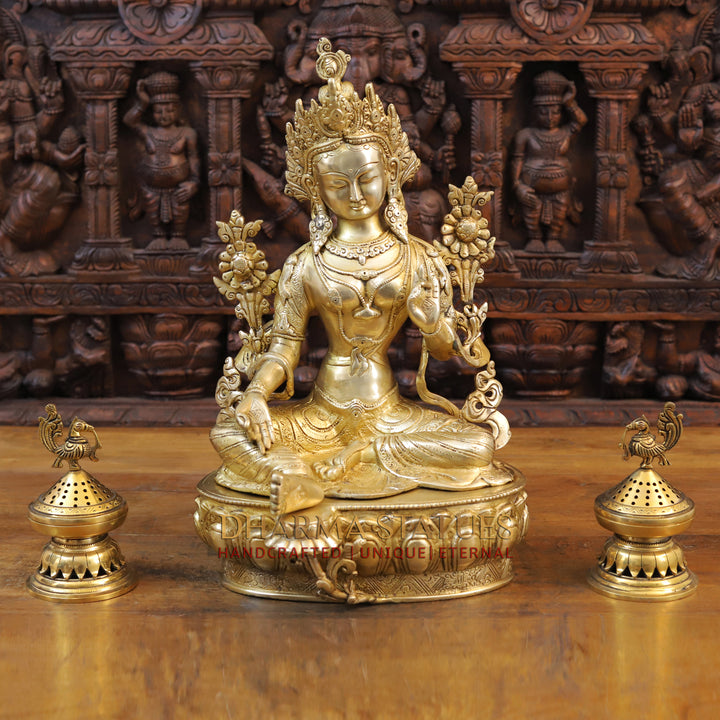 Brass Tara Statue, Seated on a Base, Fine Golden Finish 19"