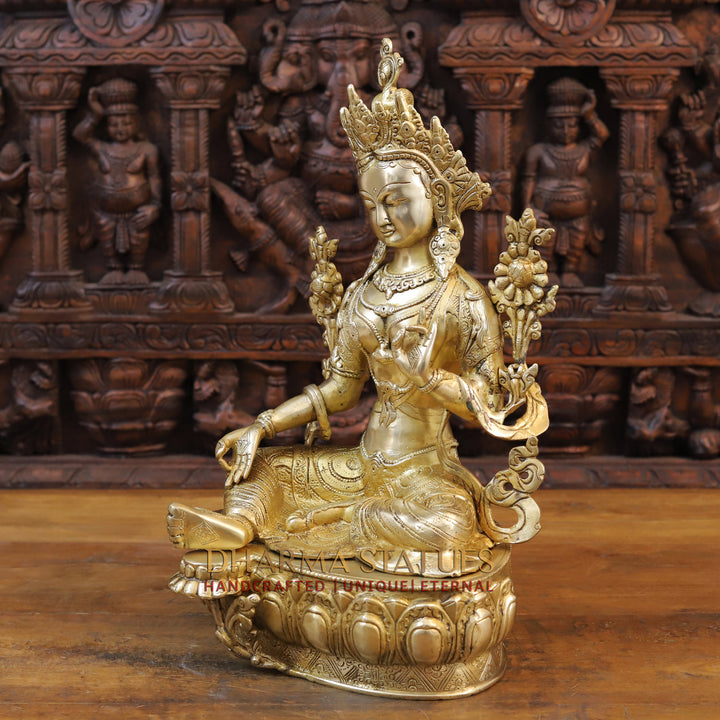 Brass Tara Statue, Seated on a Base, Fine Golden Finish 19" side view